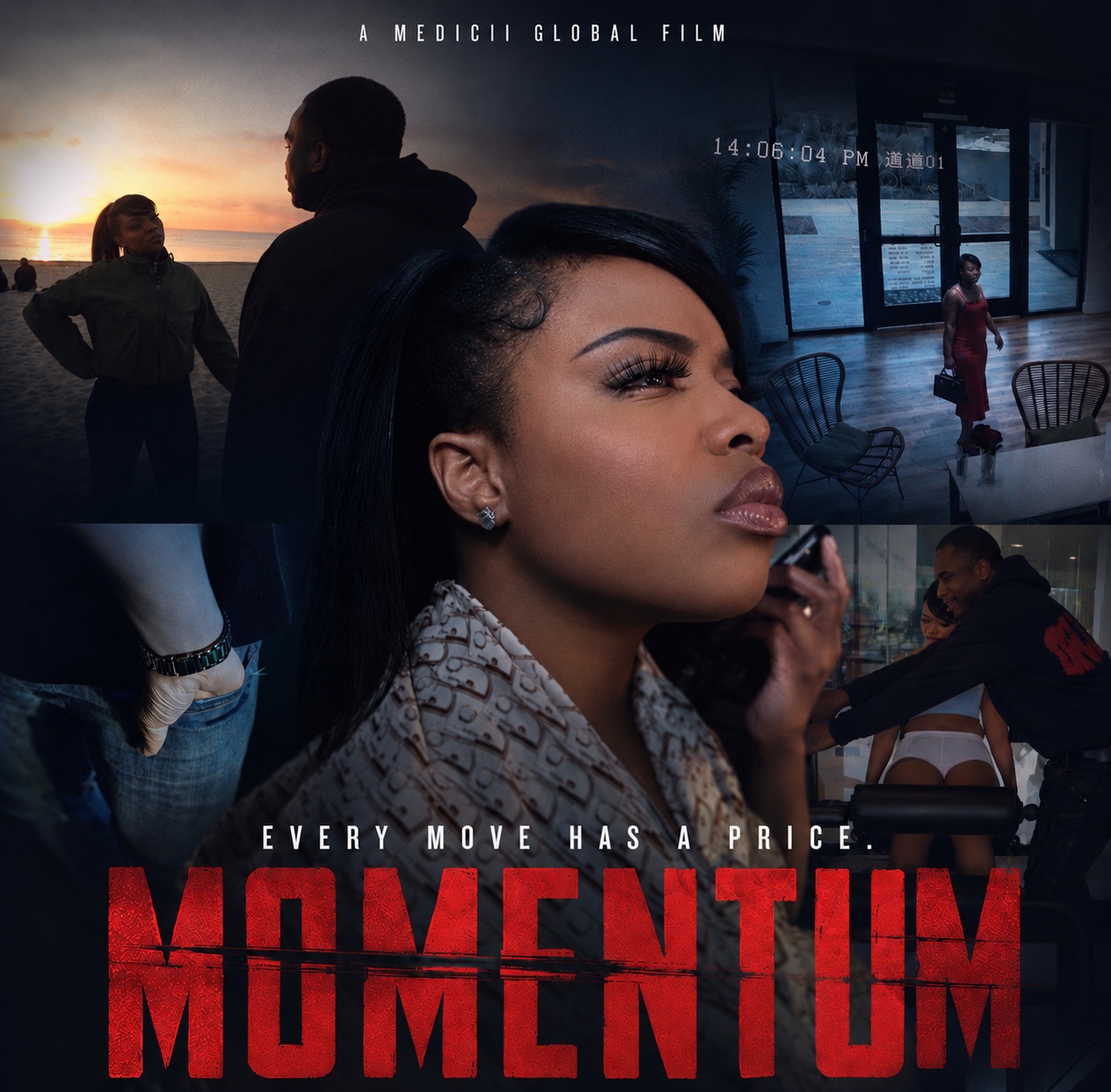 Momentum film poster: the lead’s portrait surrounded by scenes from the film. A Medicii Global film. Every move has a price.
