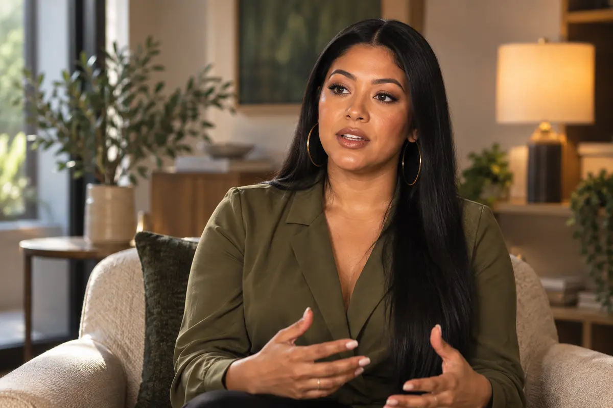 Valentina, the bilingual ex, seated for a documentary interview