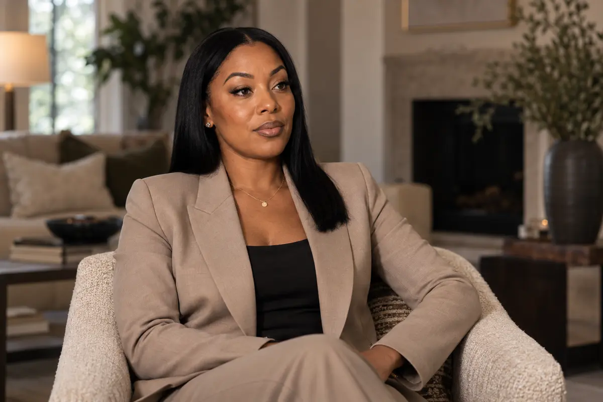 Simone, the polished ex, seated for a documentary interview