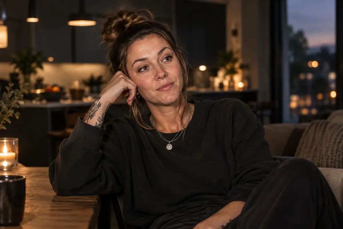 Claire, the unexpected ex, seated for a documentary interview