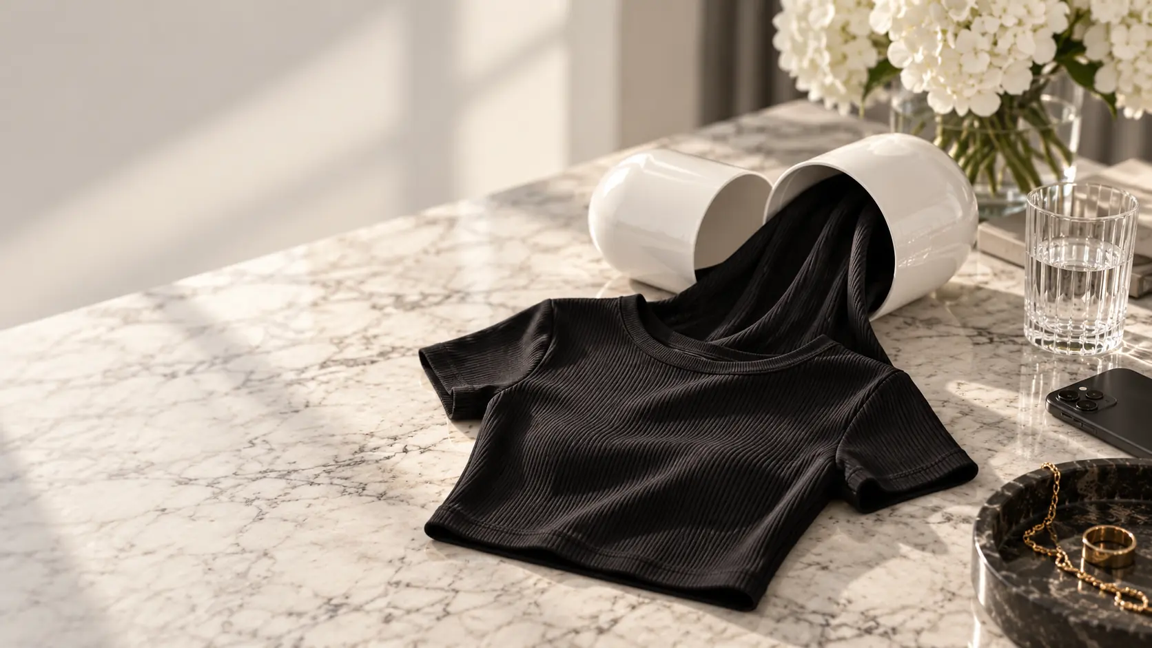 Black fitted tee emerging from an opened white capsule shell on marble